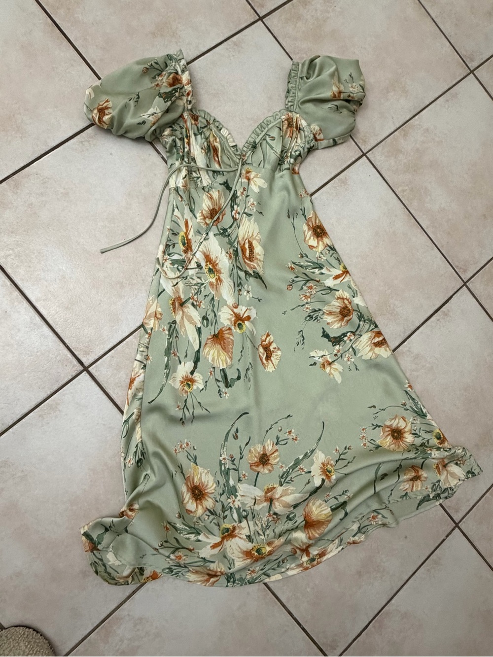 Floral Puff-Sleeve Midi Dress in Sage Green